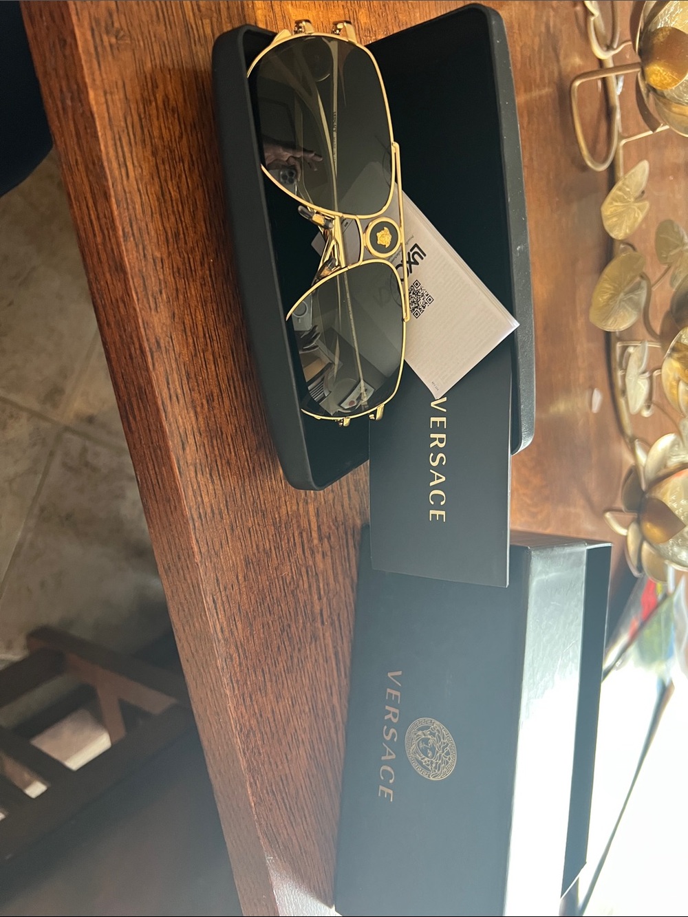 Versace Gold Metal Aviator Sunglasses with Dark Green Lenses